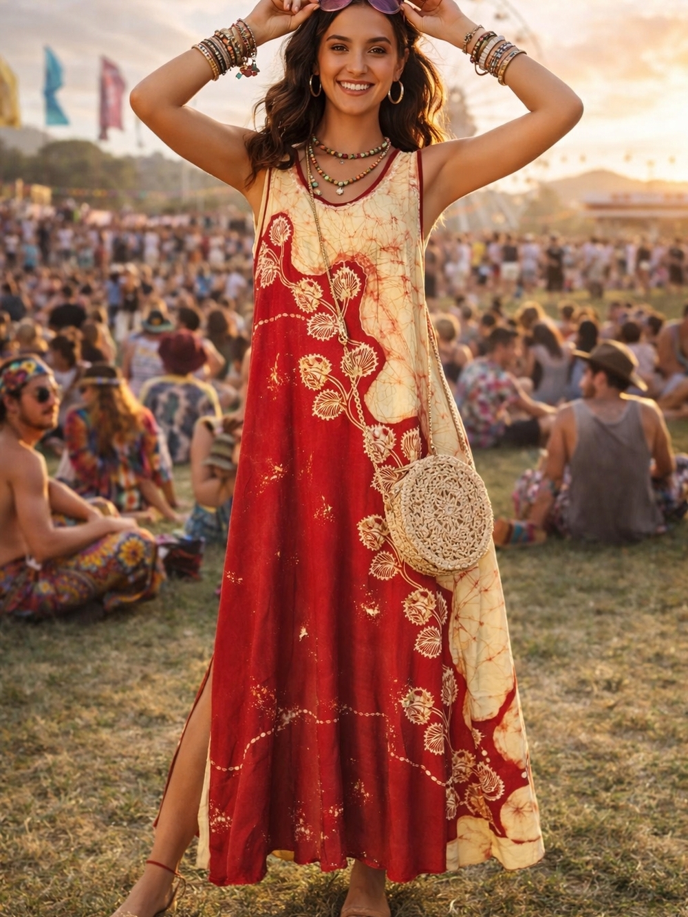 Sleeveless Red and Cream Tie-Dye Maxi Dress with Floral Embroidery